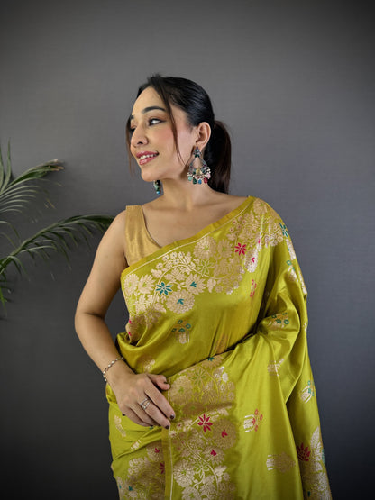 Parrot Green Premium Banarasi Silk Saree With Meenakari Zari Weaving Work