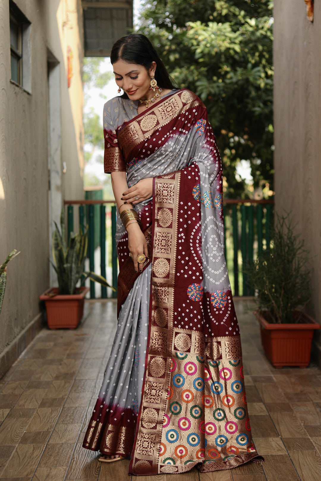 Multi Color Soft Bandhej Silk Saree With Zari Weaving Work