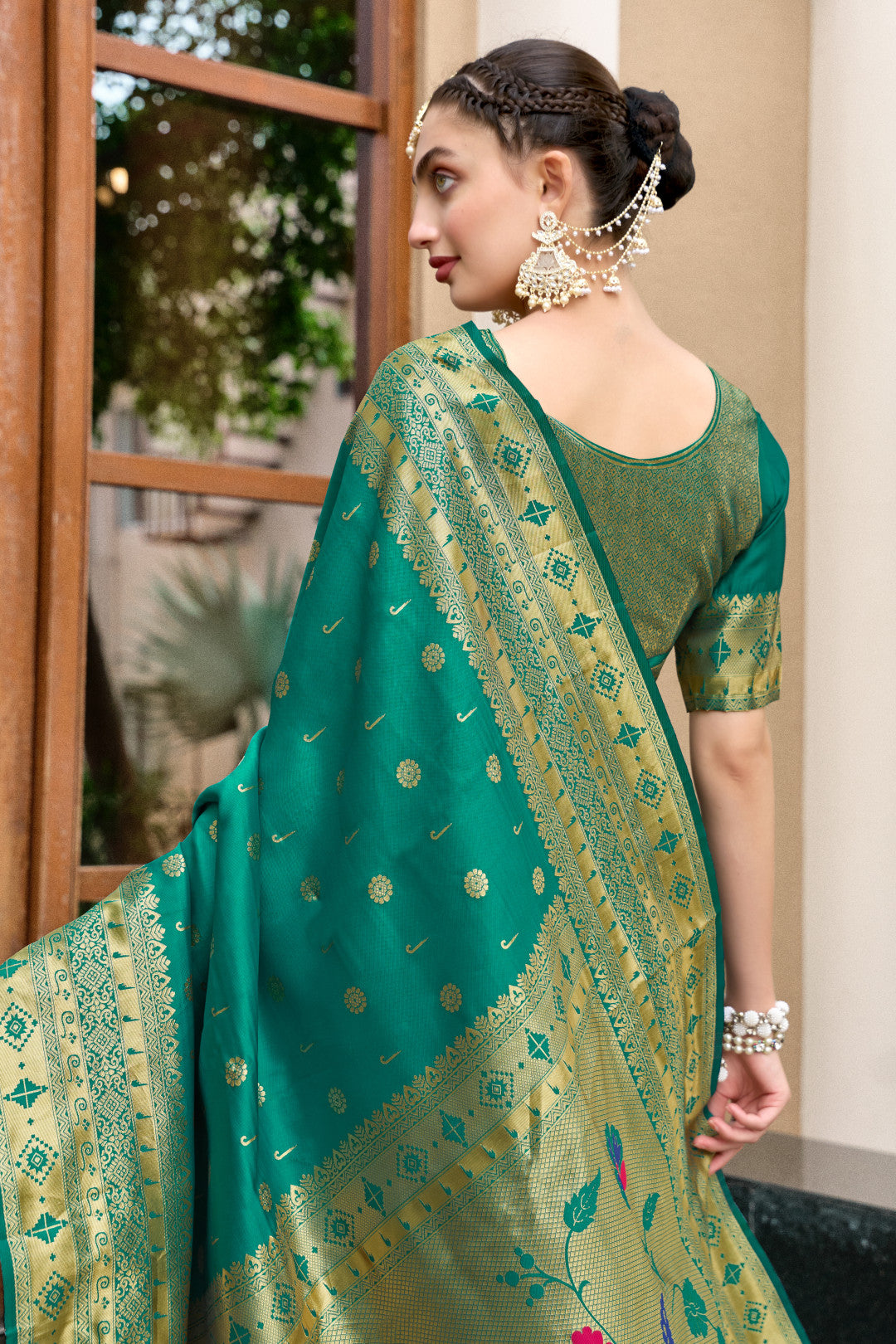 Traditional Rama Green Paithani Silk Saree With Zari Weaving Work