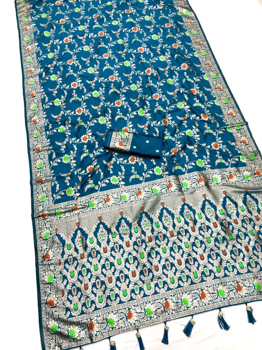 Firoji Banarasi Silk Saree With Meenakari Zari Weaving Work