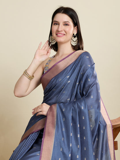 Blue Soft Cotton Saree With Kalamkari Digital Printed Pallu & Zari Border