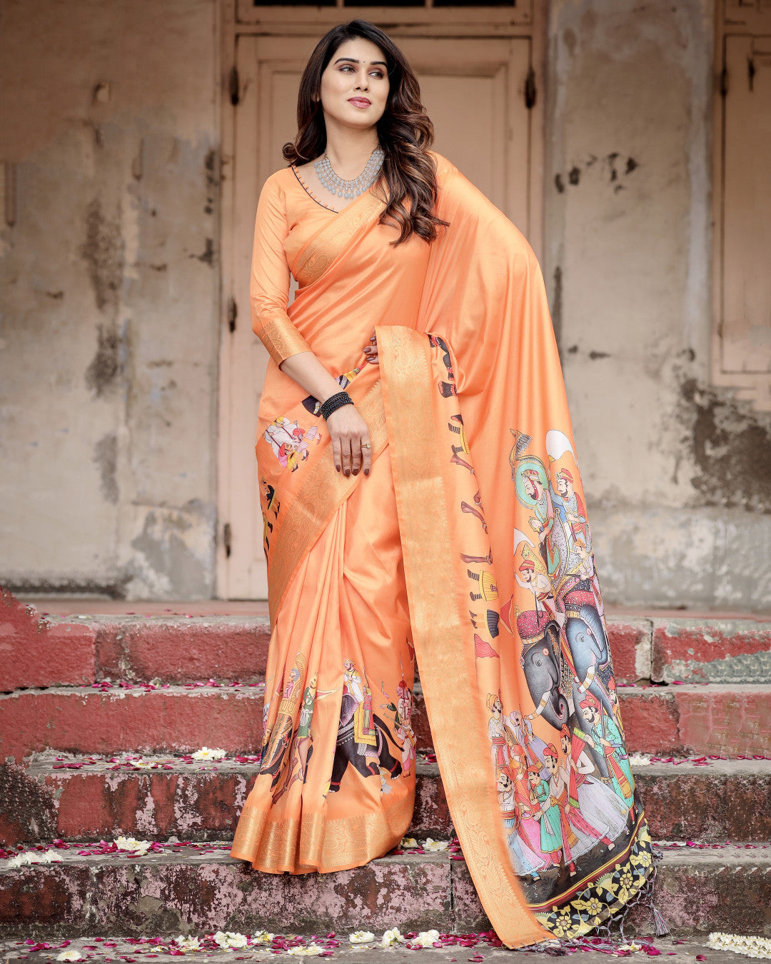 Orange Kalamkari Digital Printed Dola Silk Saree With Gold Zari Border