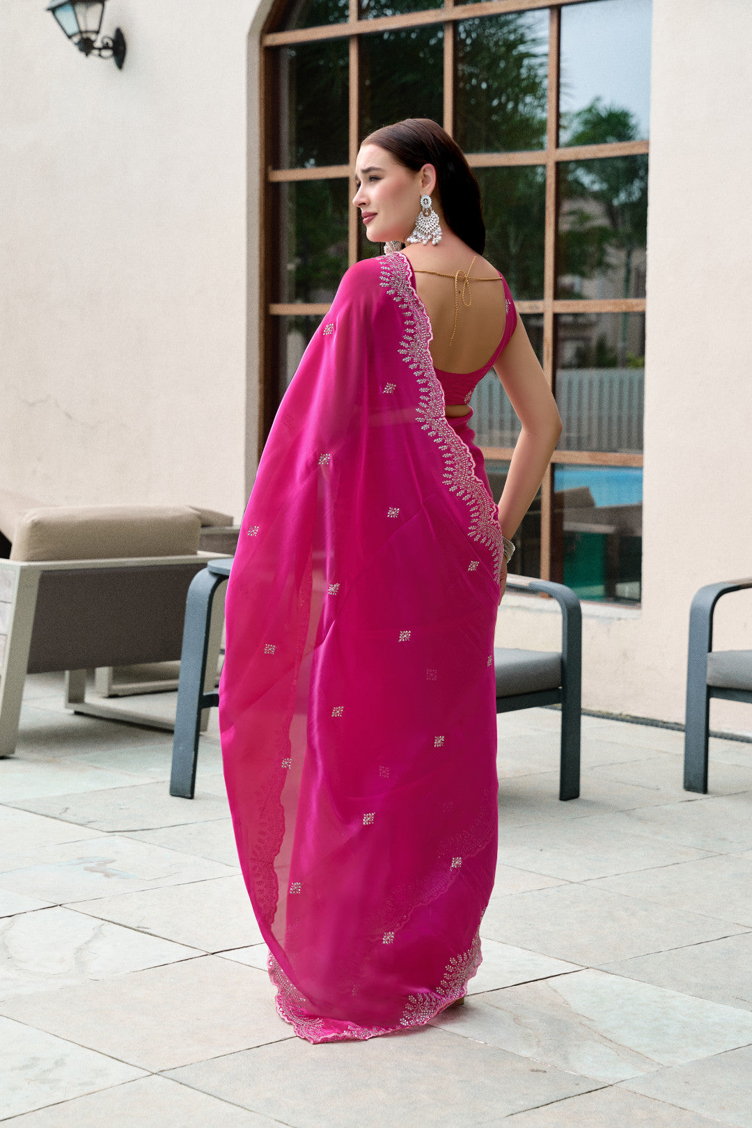Pink Fancy Shimmer Chiffon Saree With Embroidery Work