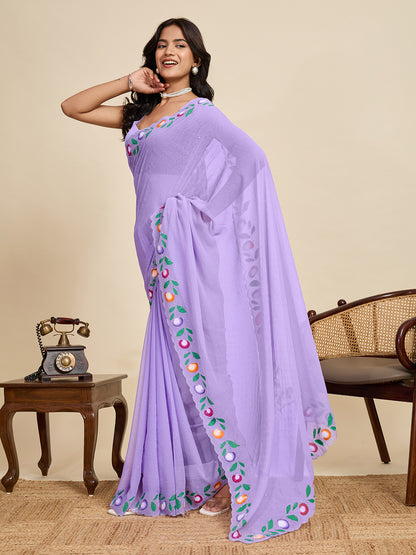 Lavender Color Georgette Saree With Brush Print And Siroski Work