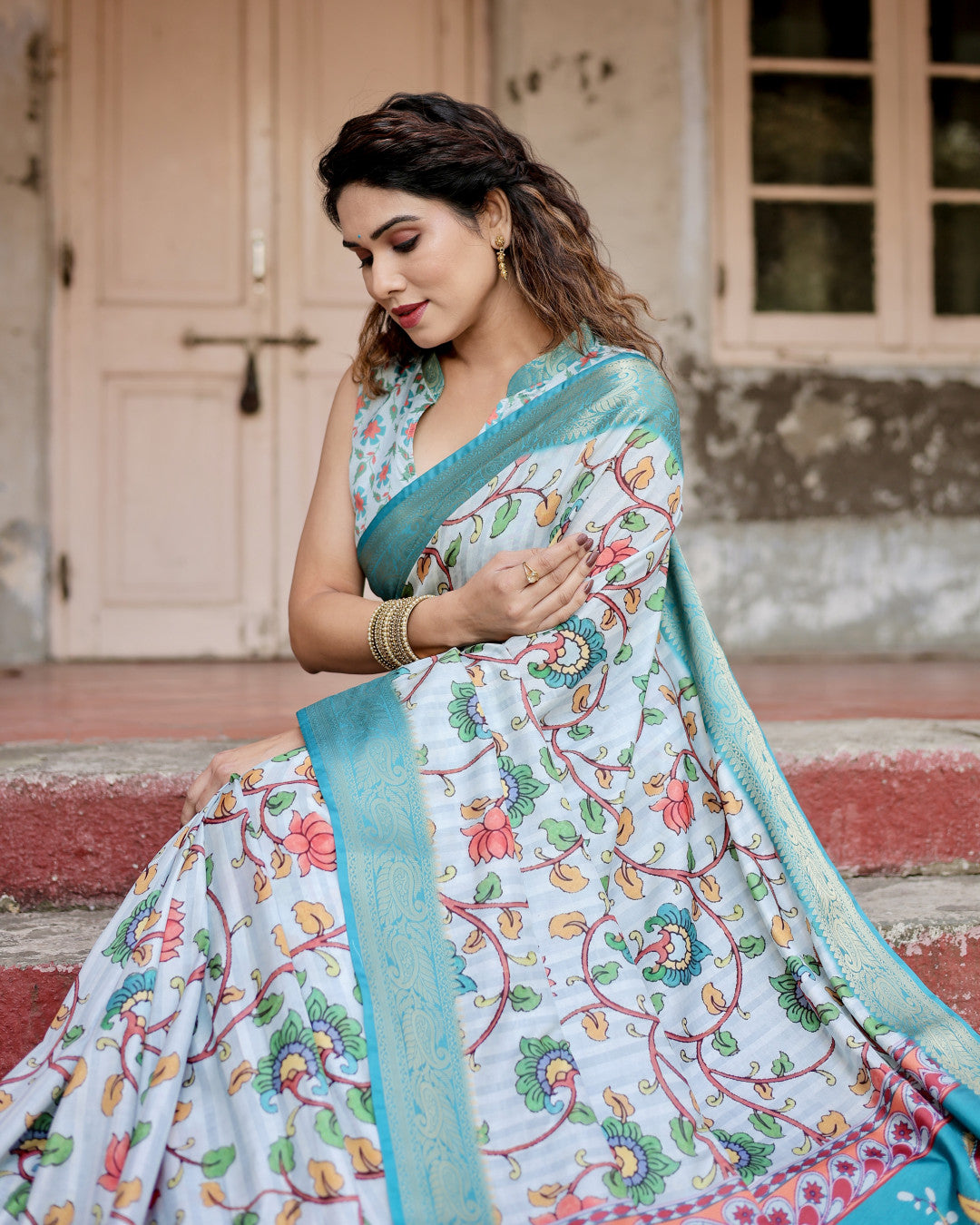 Sky Blue Kalamkari Digital Printed Dola Silk Saree With Gold Zari Border