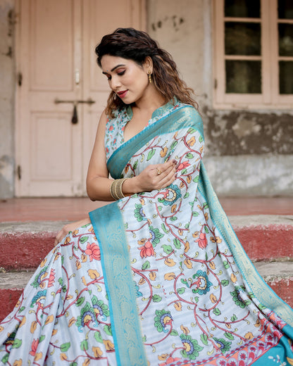 Sky Blue Kalamkari Digital Printed Dola Silk Saree With Gold Zari Border