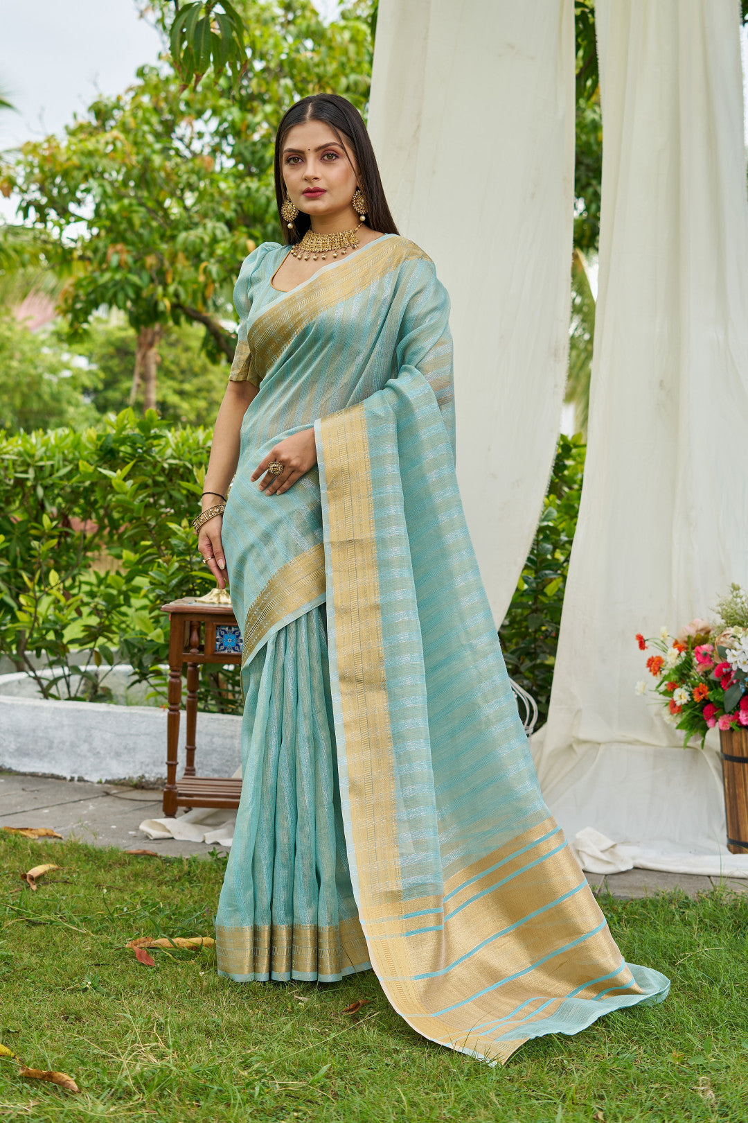 Sky Blue Colour Linen Cotton Saree With Zari Weaving Border