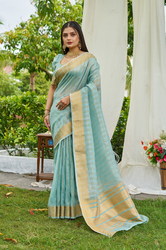 Sky Blue Colour Linen Cotton Saree With Zari Weaving Border