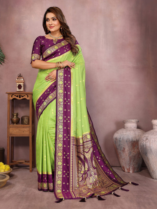 Parrot Green Traditional Banarasi Silk Saree With Zari Weaving Work