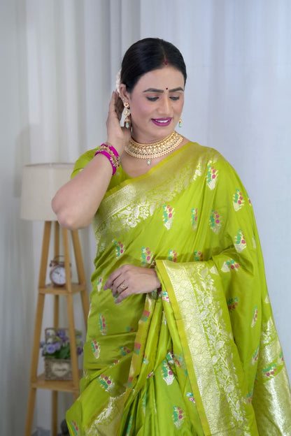 Parrot Green Pure Soft Banarasi Saree With Meenakari Weaving Work