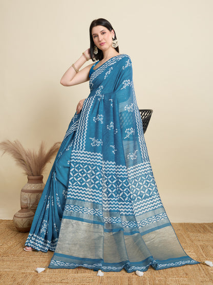 Firoji Batik Printed Soft Cotton Saree With Sequence Work