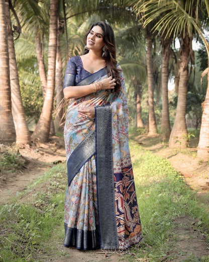 Multi Fancy Kalamkari Digital Printed Tussar Silk Saree