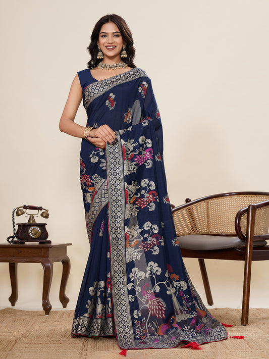 Navy Blue Cotton Saree With Table Printed And Foil Work With Pipeing Border