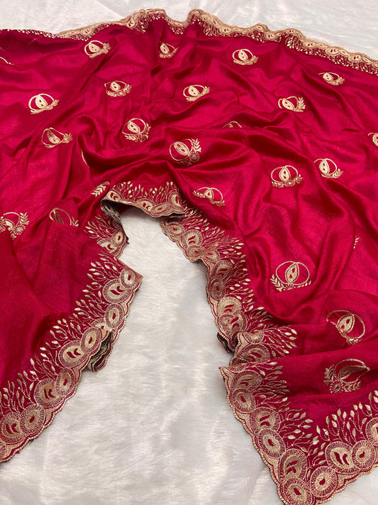 Fancy Pink Color Vichitra Silk Saree With Beautiful Cutwork & Embroidery Border