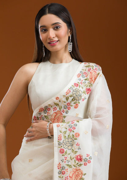 White Fancy Crunchy Silk Saree With Multi Thread Work And Piping Lace Border