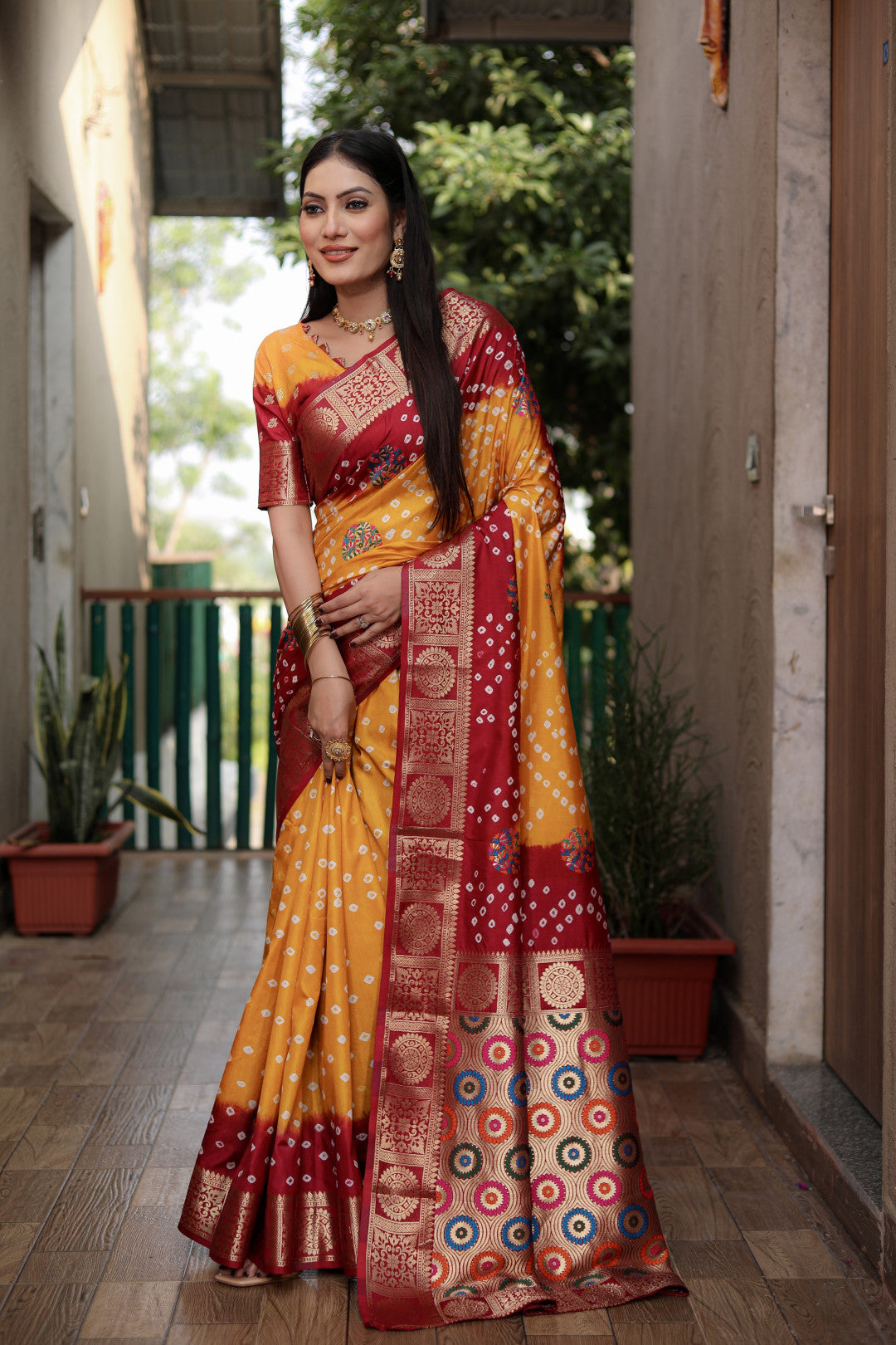 Multi Color Soft Bandhej Silk Saree With Zari Weaving Work