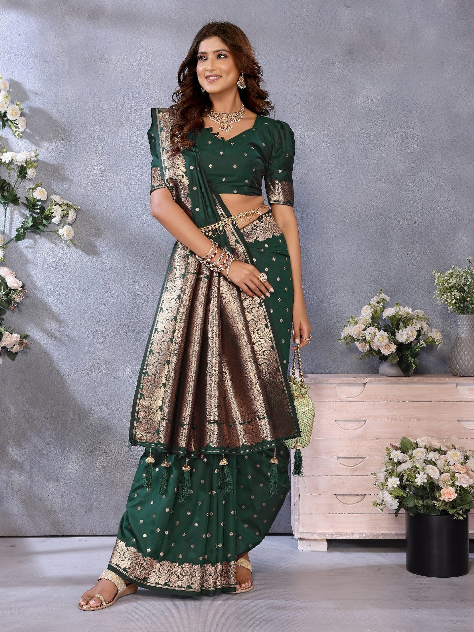 Green Traditional Banarasi Silk Saree With Zari Weaving Work