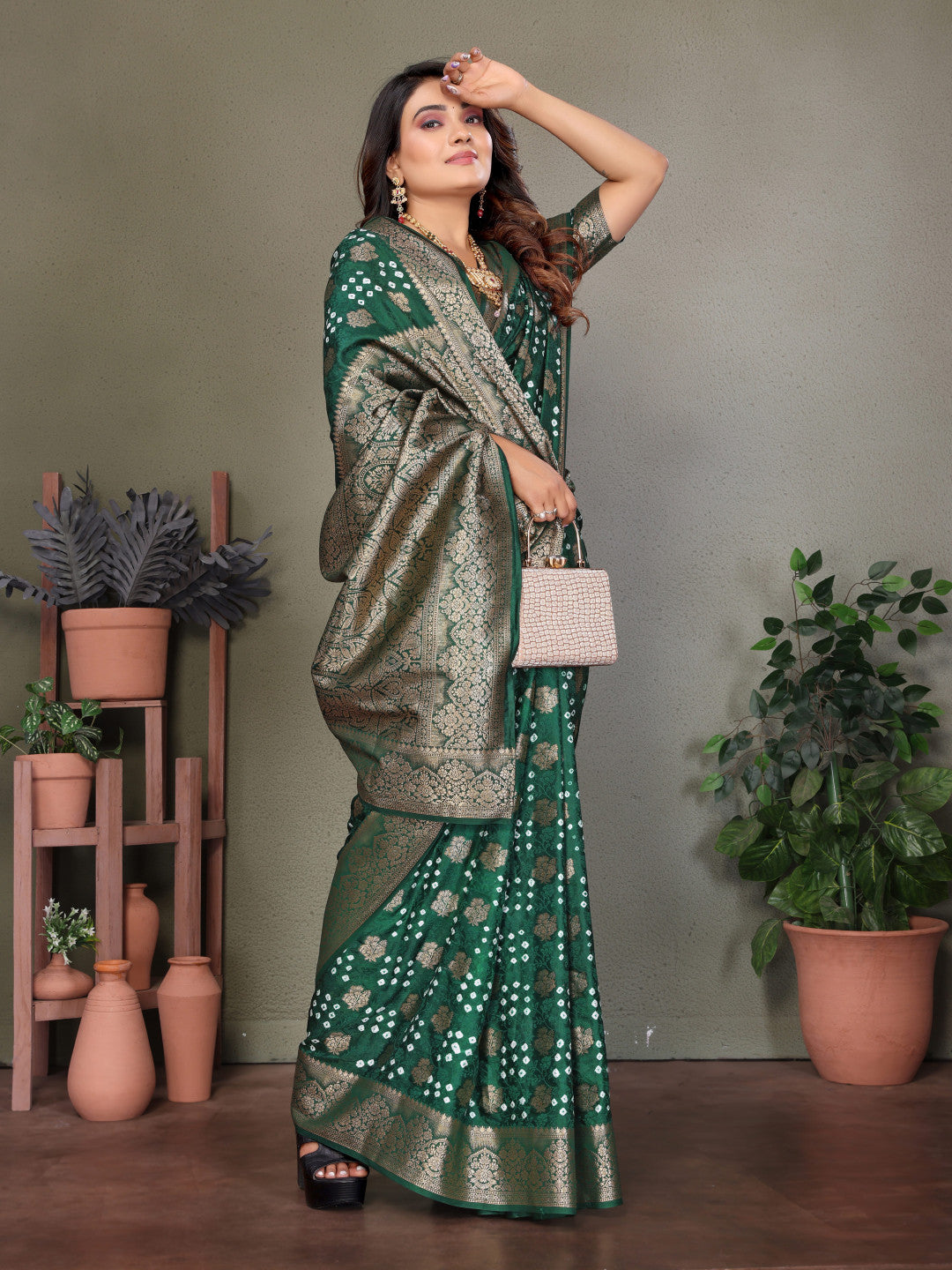 Green Premium Bandhej Silk Saree With Zari Weaving Work