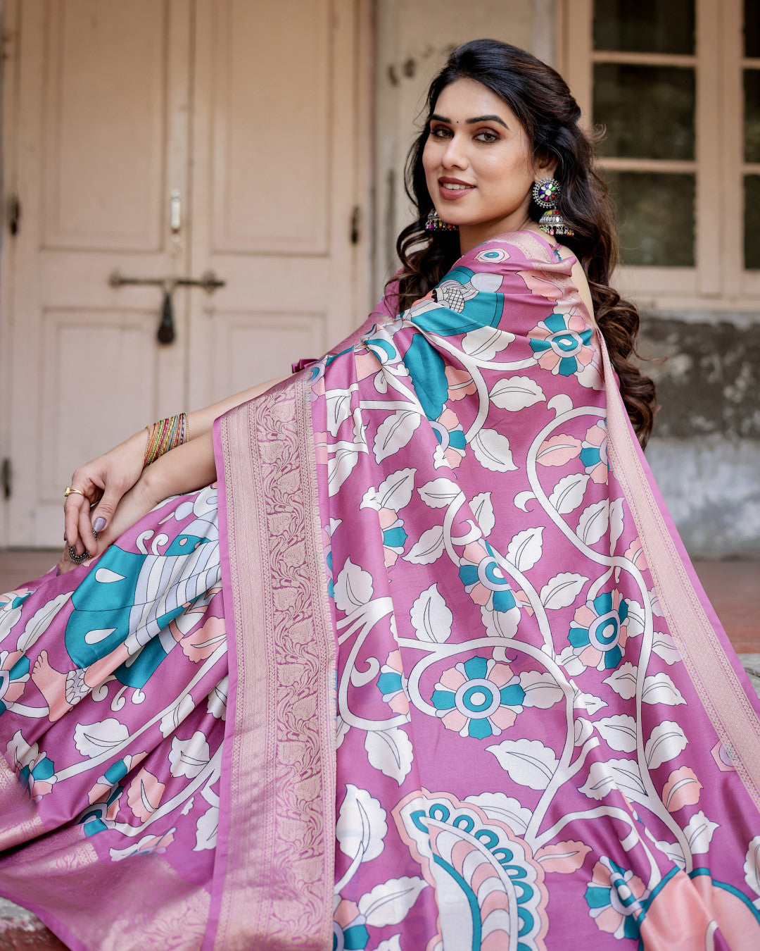 Light Magenta Kalamkari Digital Printed Tussar Silk Saree With Zari Motif Border