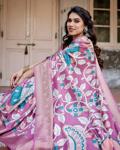 Light Magenta Kalamkari Digital Printed Tussar Silk Saree With Zari Motif Border
