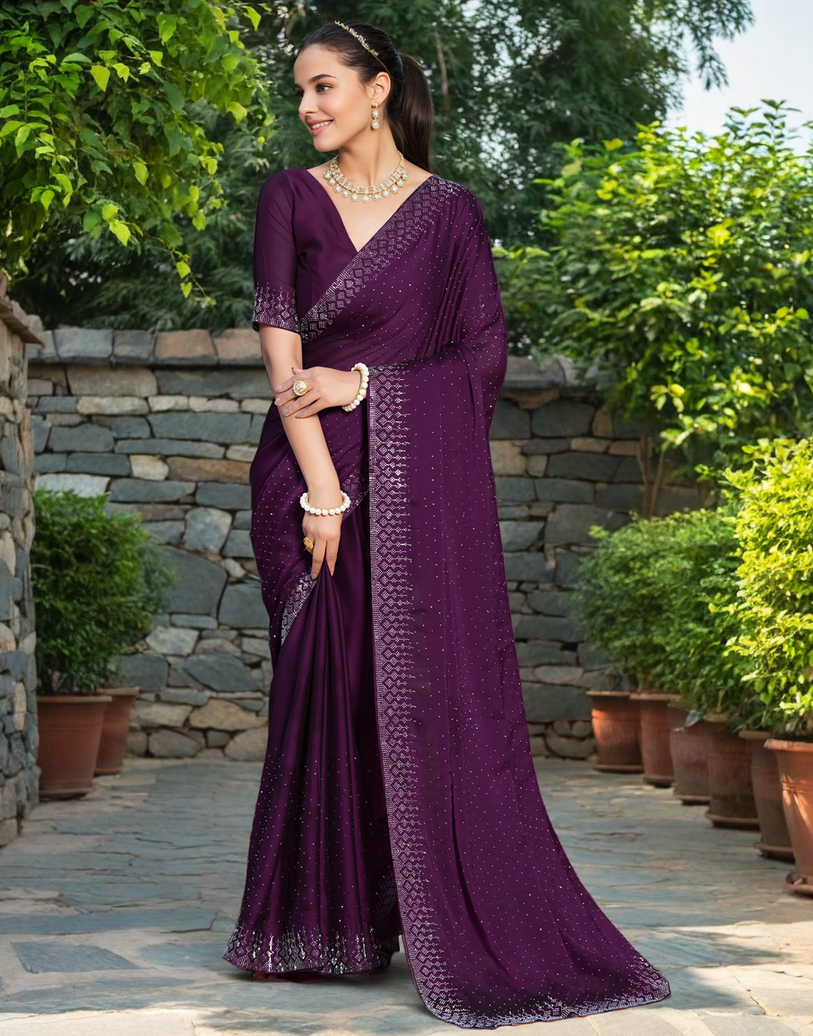 Fancy Wine Rangoli Silk Saree With Diamond Work