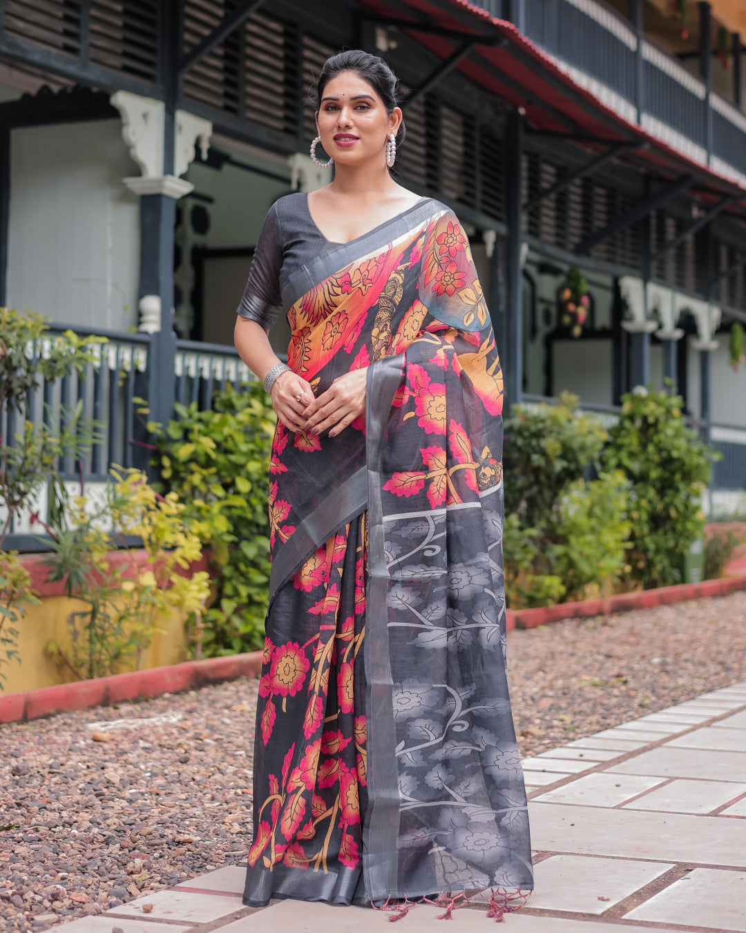 Multi Soft Linen Cotton Saree With Kalamkari Digital Printed Work