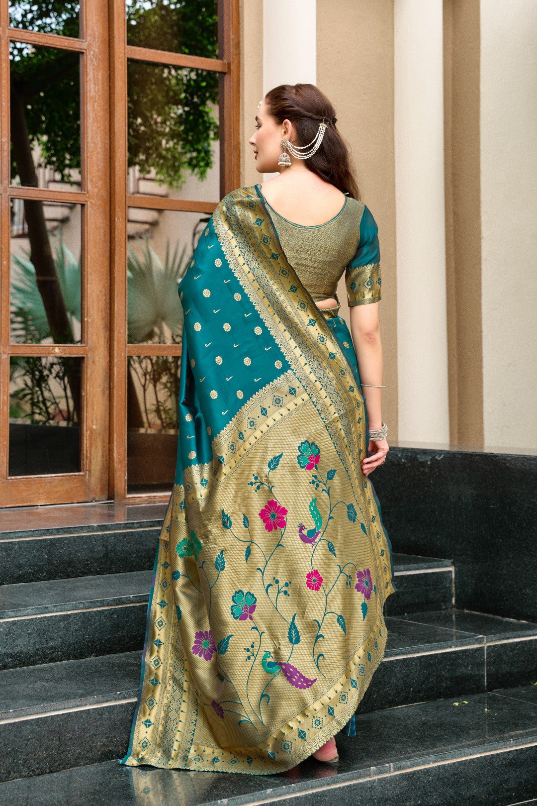 Traditional Morpeach Paithani Silk Saree With Zari Weaving Work