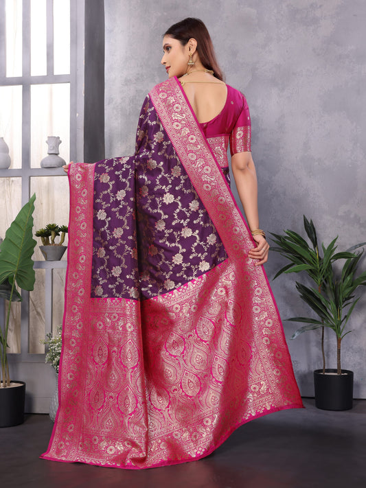 Purple Premium Banarasi Silk Saree With Zari Weaving Work