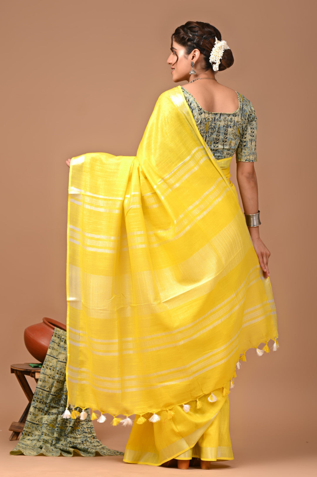Yellow Colour Pure Plain Linen Cotton Saree With Ajrakh Blockprinted Cotton Blouse