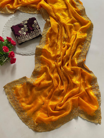 Orange Fancy Space Silk Saree With Embroidery & Moti Work