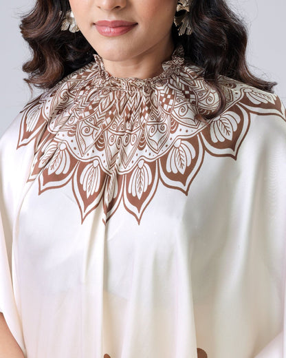 Cream Fancy Satin Georgette Ready To Wear Saree With Freehand Printed Work