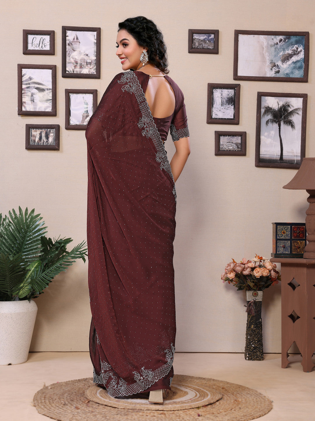 Fancy Coffee Rangoli Silk Saree With Diamond Work