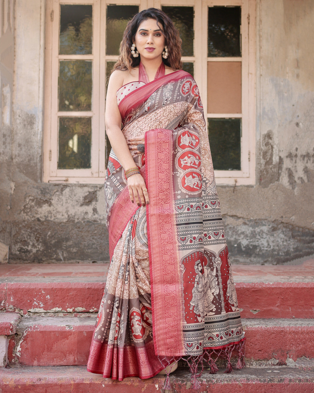 Multi Kalamkari Digital Printed Tussar Silk Saree With Zari Motif Border