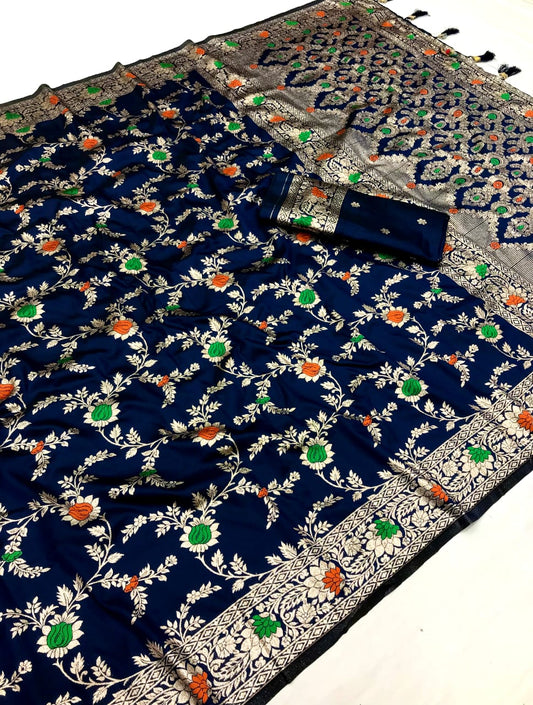 Navy Blue Banarasi Silk Saree With Meenakari Zari Weaving Work