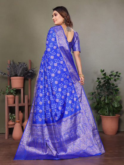 Royal Blue Premium Bandhej Silk Saree With Zari Weaving Work