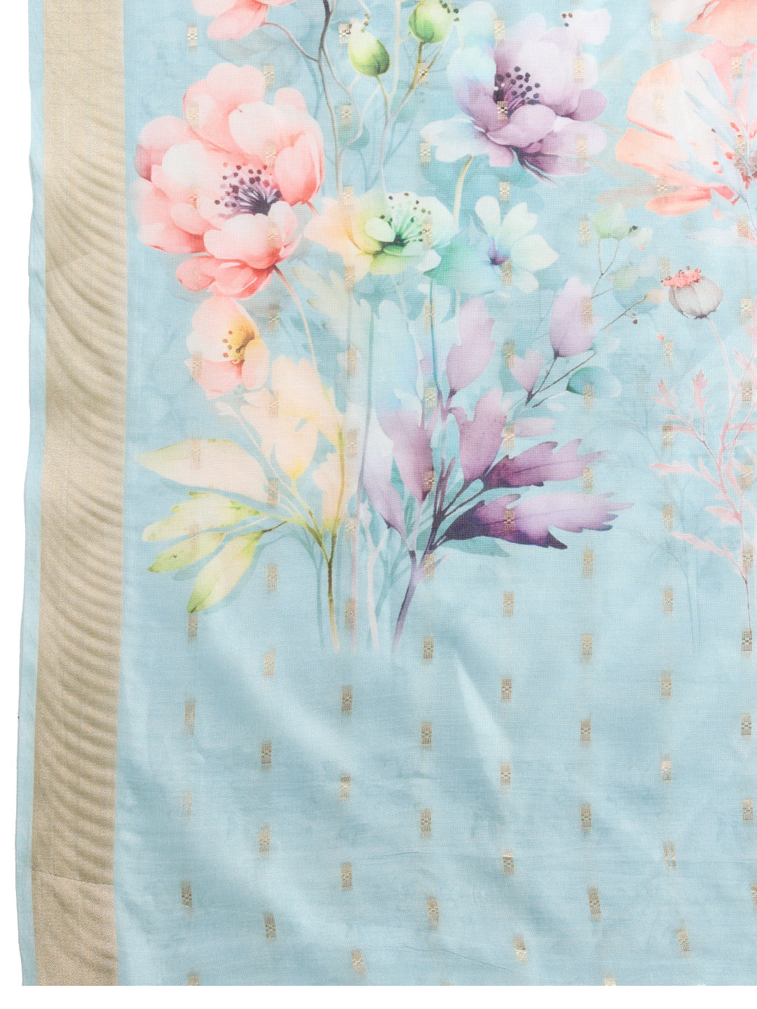 Sky Blue Soft Cotton Saree With Floral Digital Printed Pallu & Zari Border