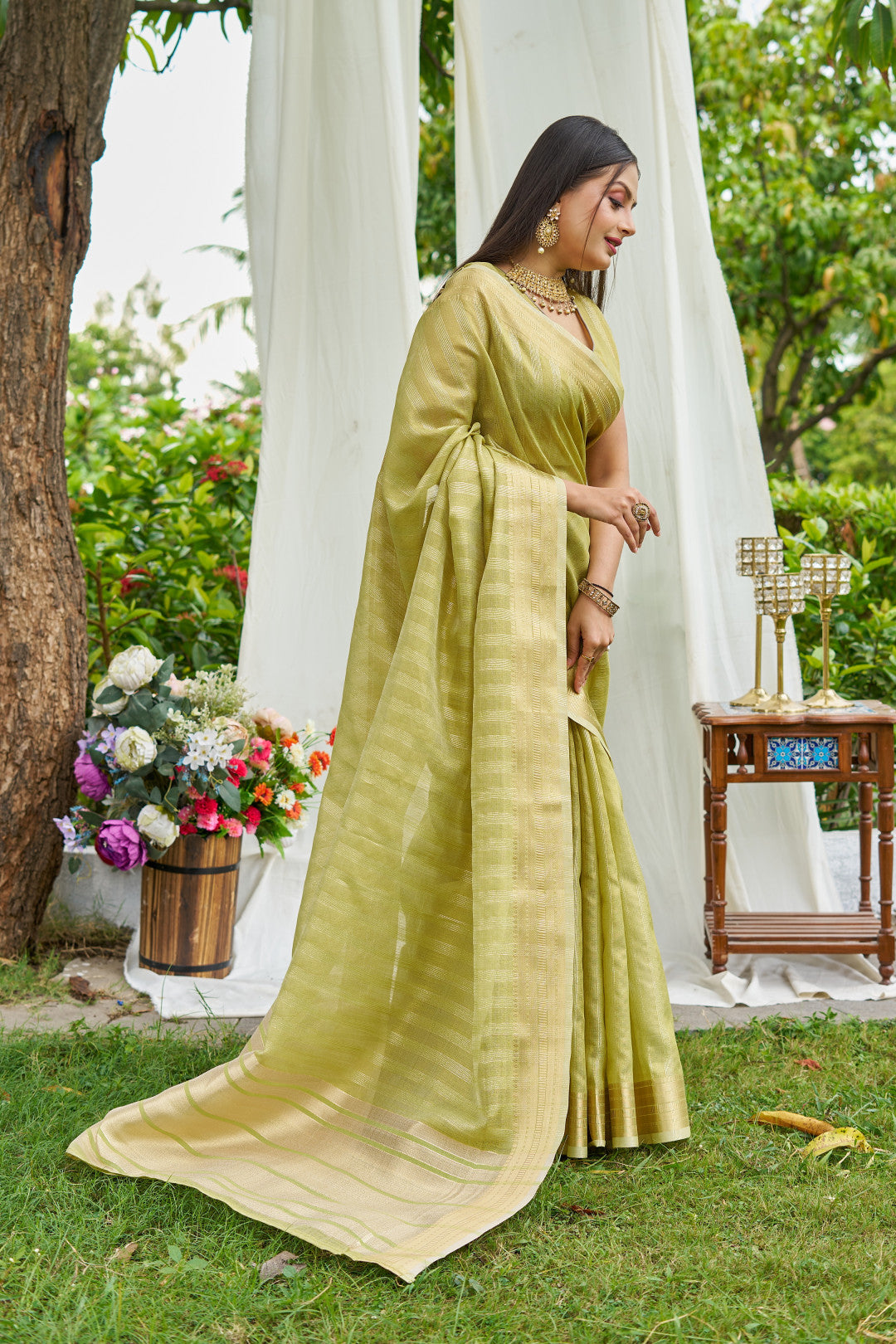 Pista Green Colour Linen Cotton Saree With Zari Weaving Border