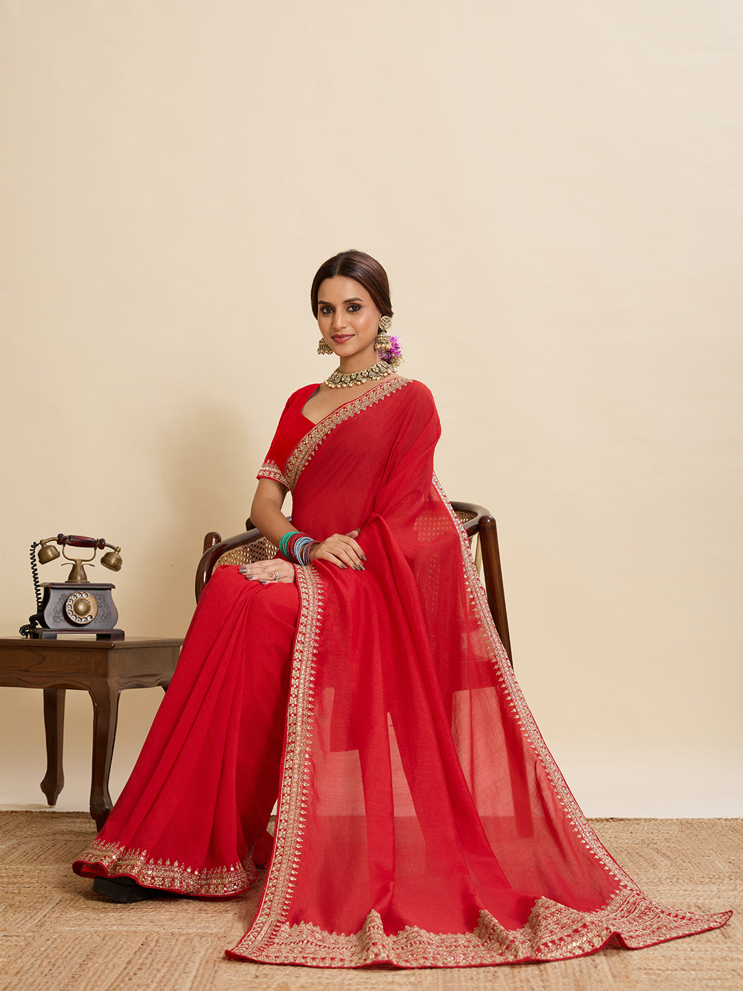 Red Soft Vichitra Silk Saree With Embroidery Work