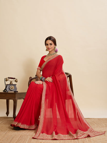 Red Soft Vichitra Silk Saree With Embroidery Work