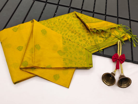 Yellow Color Khadi Raw Silk Saree With Jamdani Weaving Border