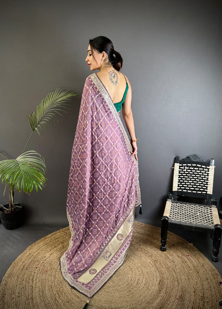 Lavender Traditional Blooming Vichitra Khadi Bandhej Silk Saree With Sequence Work