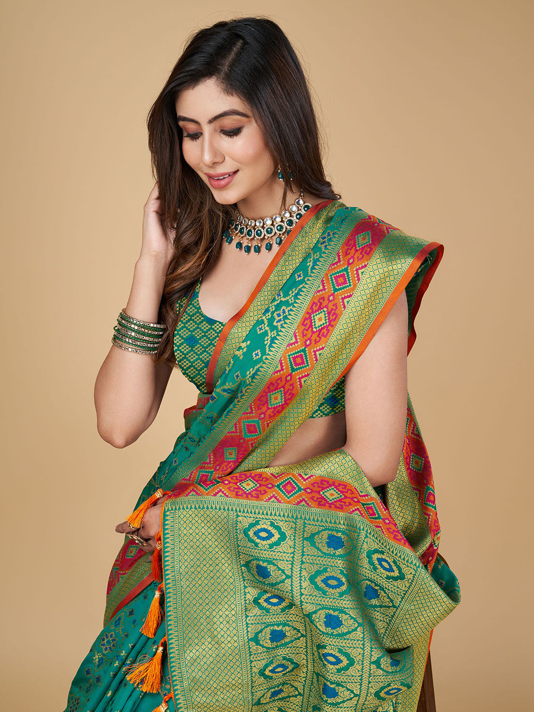 Rama Green Color Patola Silk Saree With Zari Weaving Work