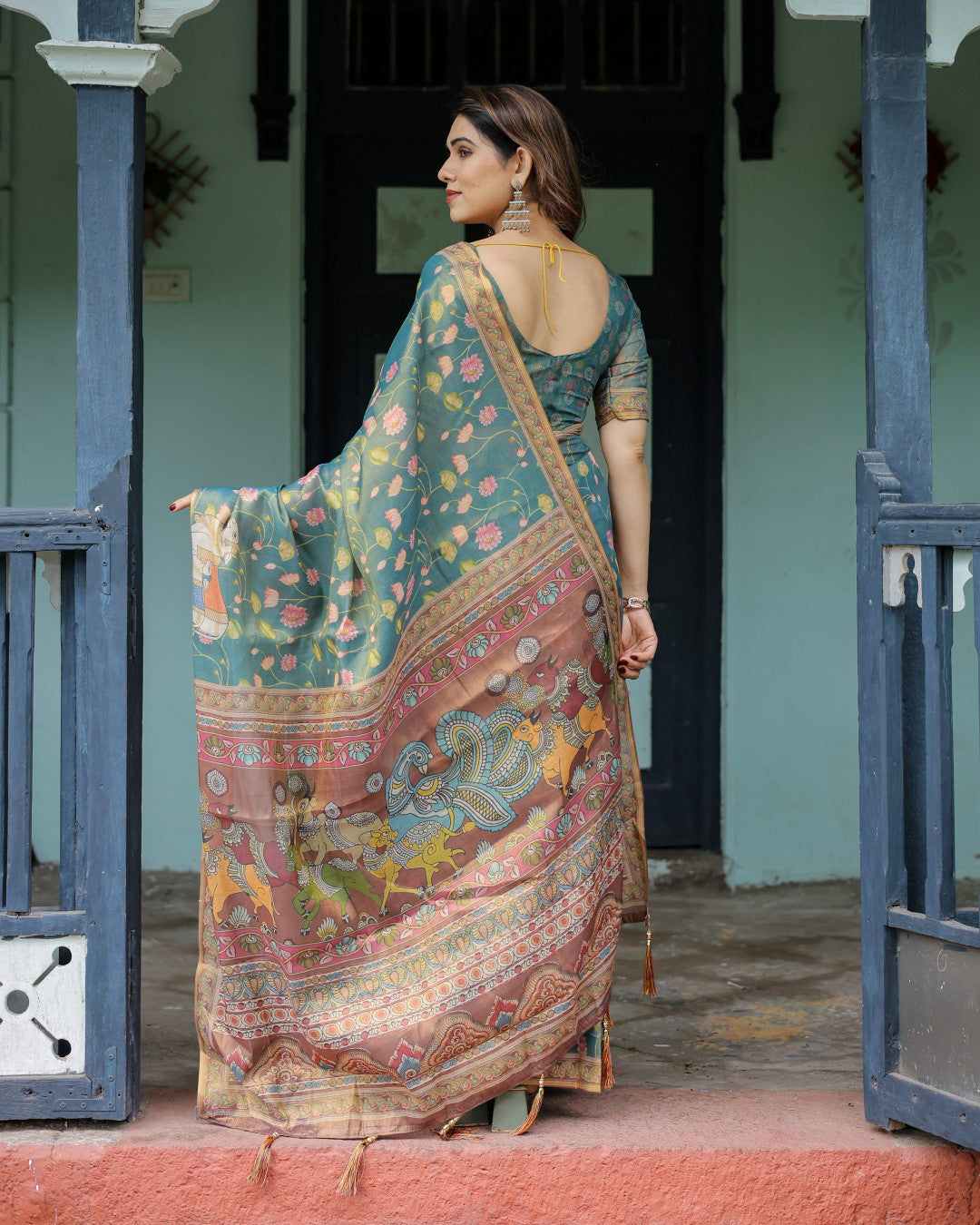 Multi Kalamkari Digital Printed Linen Cotton Saree