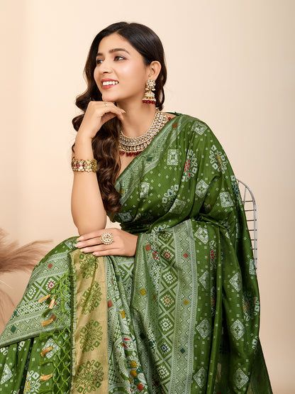 Mahendi Green Traditional Muslin Dola Silk Saree With Meenakari Zari Weaving Work