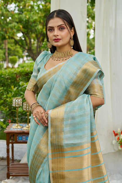 Sky Blue Colour Linen Cotton Saree With Zari Weaving Border