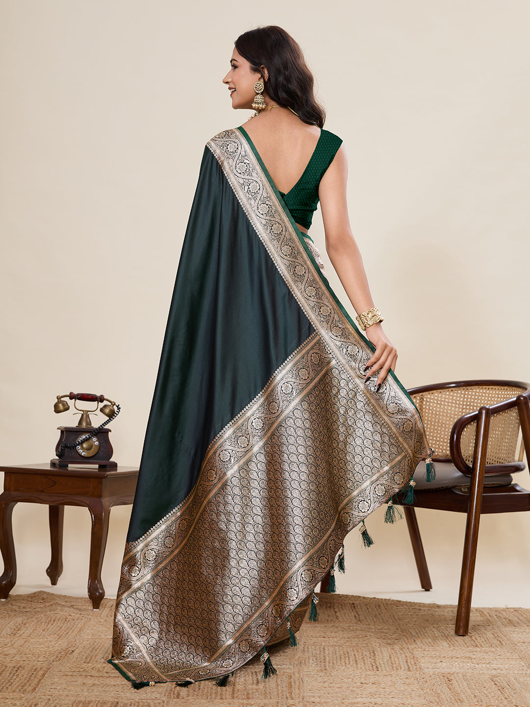 Green Soft Satin Silk Saree With Gala Border And Zari Weaving Work