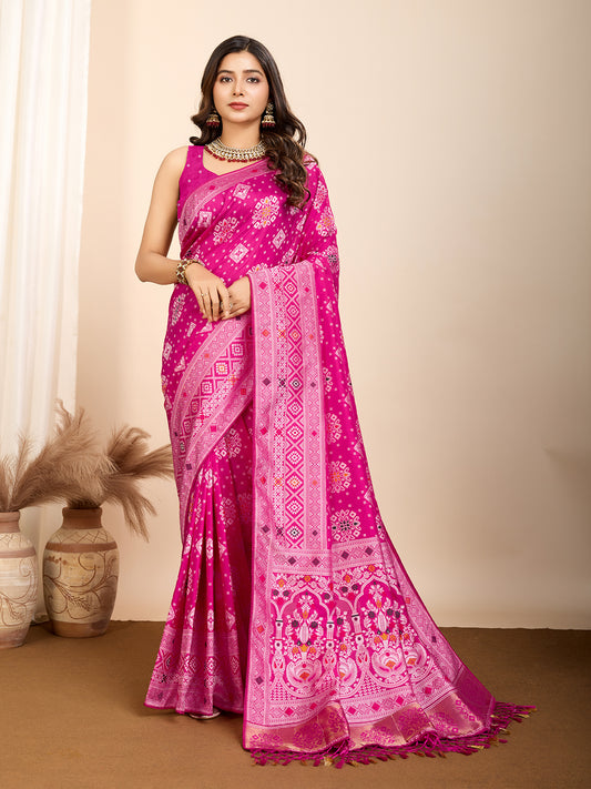 Pink Traditional Muslin Dola Silk Saree With Meenakari Zari Weaving Work