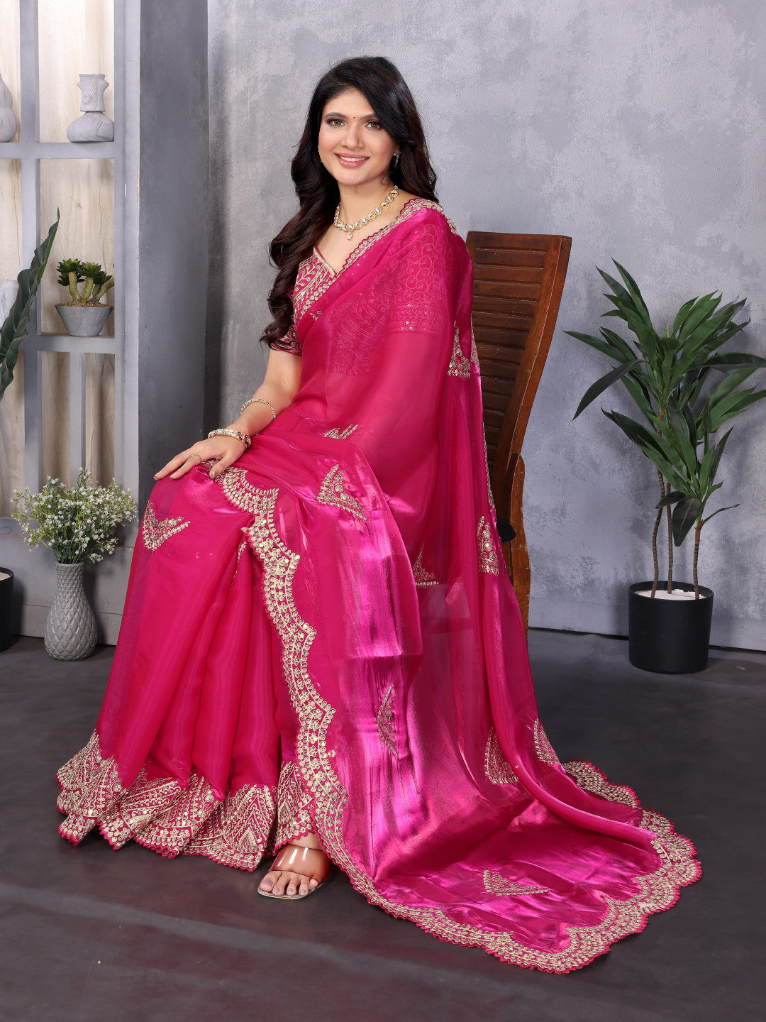 Pink Fancy Shimmer Chiffon Saree With Embroidery Work