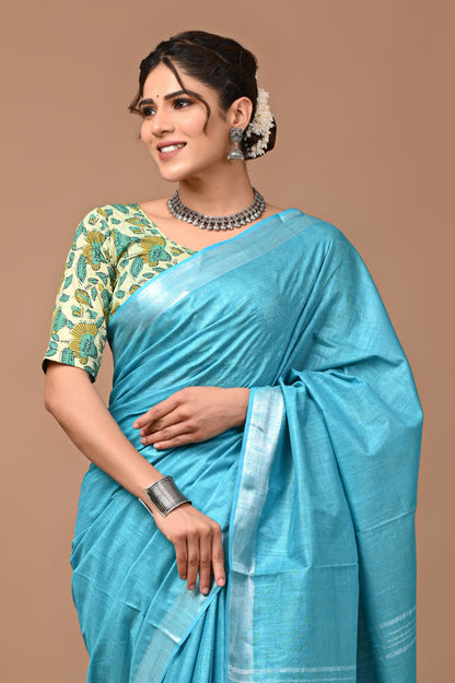 Sky Blue Colour Pure Plain Linen Cotton Saree With Ajrakh Blockprinted Cotton Blouse