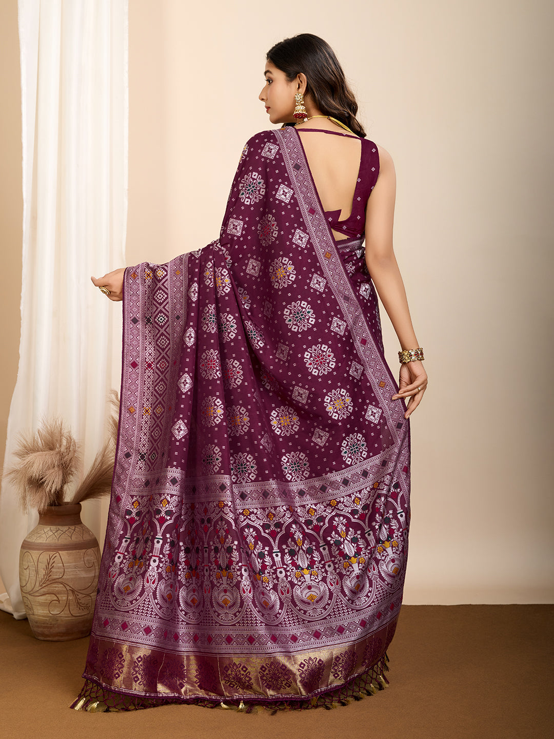 Wine Traditional Muslin Dola Silk Saree With Meenakari Zari Weaving Work